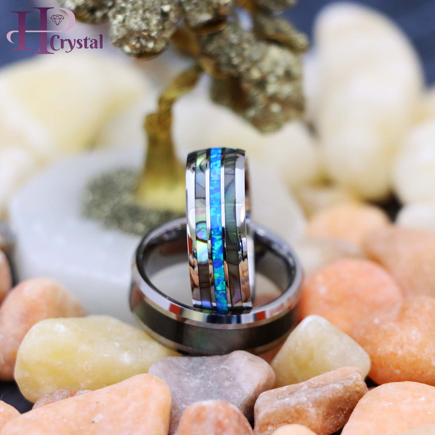 Men's Tungsten Ring with Natural Dark Mother of Pearl & Opal Inlay - Beveled Edge Domed Band (MARET903)