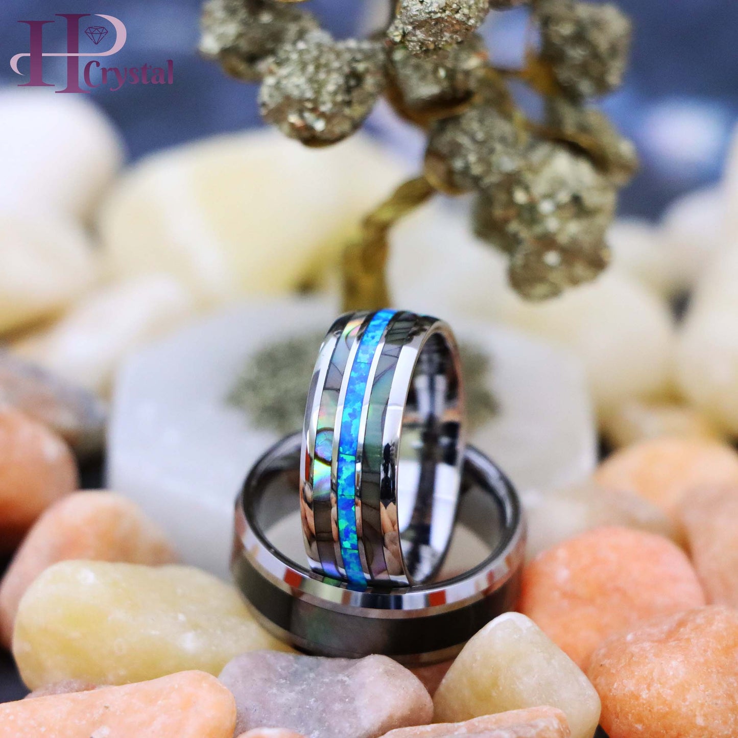 Men's Tungsten Ring with Natural Dark Mother of Pearl & Opal Inlay - Beveled Edge Domed Band (MARET903)