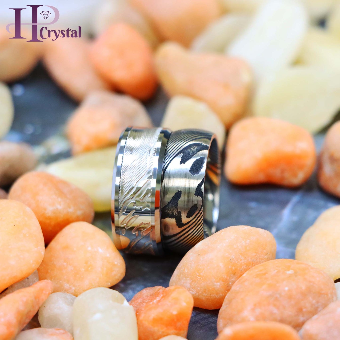 Laser Carved Mokume Gane Effect Low Beveled Edge/Damascus Black & Steel Tungsten Ring