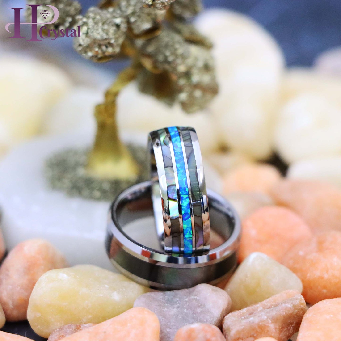 Men's Tungsten Ring with Natural Dark Mother of Pearl & Opal Inlay - Beveled Edge Domed Band (MARET903)