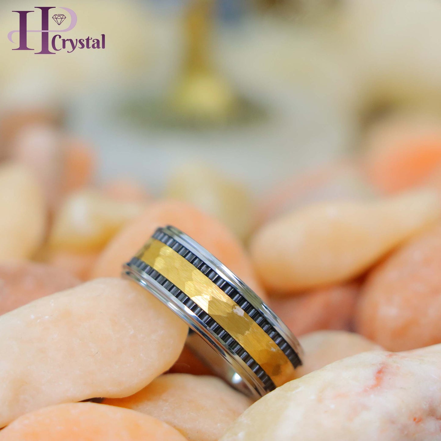 Pipe-Cut Hammered Center with Two Blue Hue/Bluish Trims Shiny Edges Tungsten Ring Yellow Gold IP Hammered Center with Black IP Plated Stripes Tungsten Ring (MARET712)