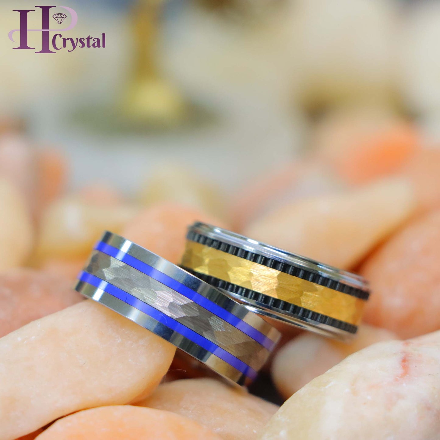 Pipe-Cut Hammered Center with Two Blue Hue/Bluish Trims Shiny Edges Tungsten Ring Yellow Gold IP Hammered Center with Black IP Plated Stripes Tungsten Ring (MARET712)