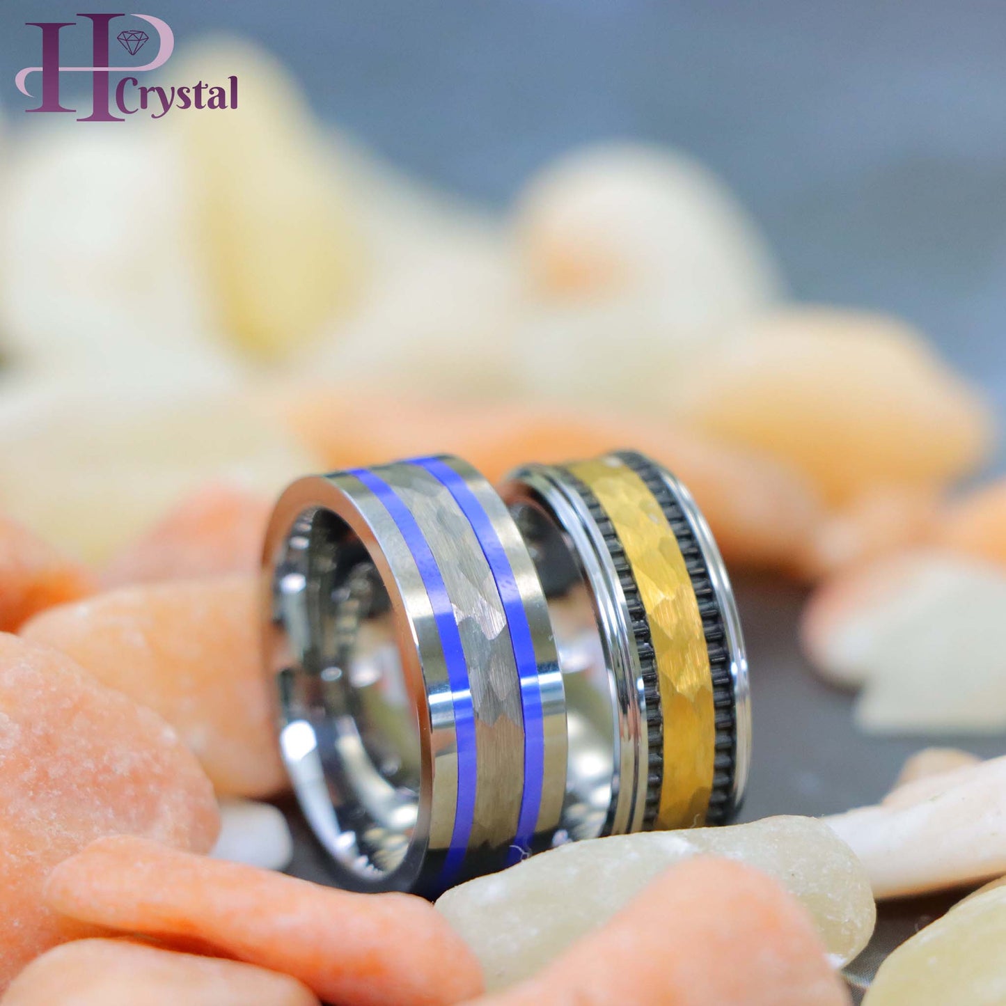 Pipe-Cut Hammered Center with Two Blue Hue/Bluish Trims Shiny Edges Tungsten Ring Yellow Gold IP Hammered Center with Black IP Plated Stripes Tungsten Ring (MARET712)