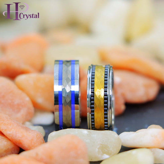 Pipe-Cut Hammered Center with Two Blue Hue/Bluish Trims Shiny Edges Tungsten Ring Yellow Gold IP Hammered Center with Black IP Plated Stripes Tungsten Ring (MARET712)