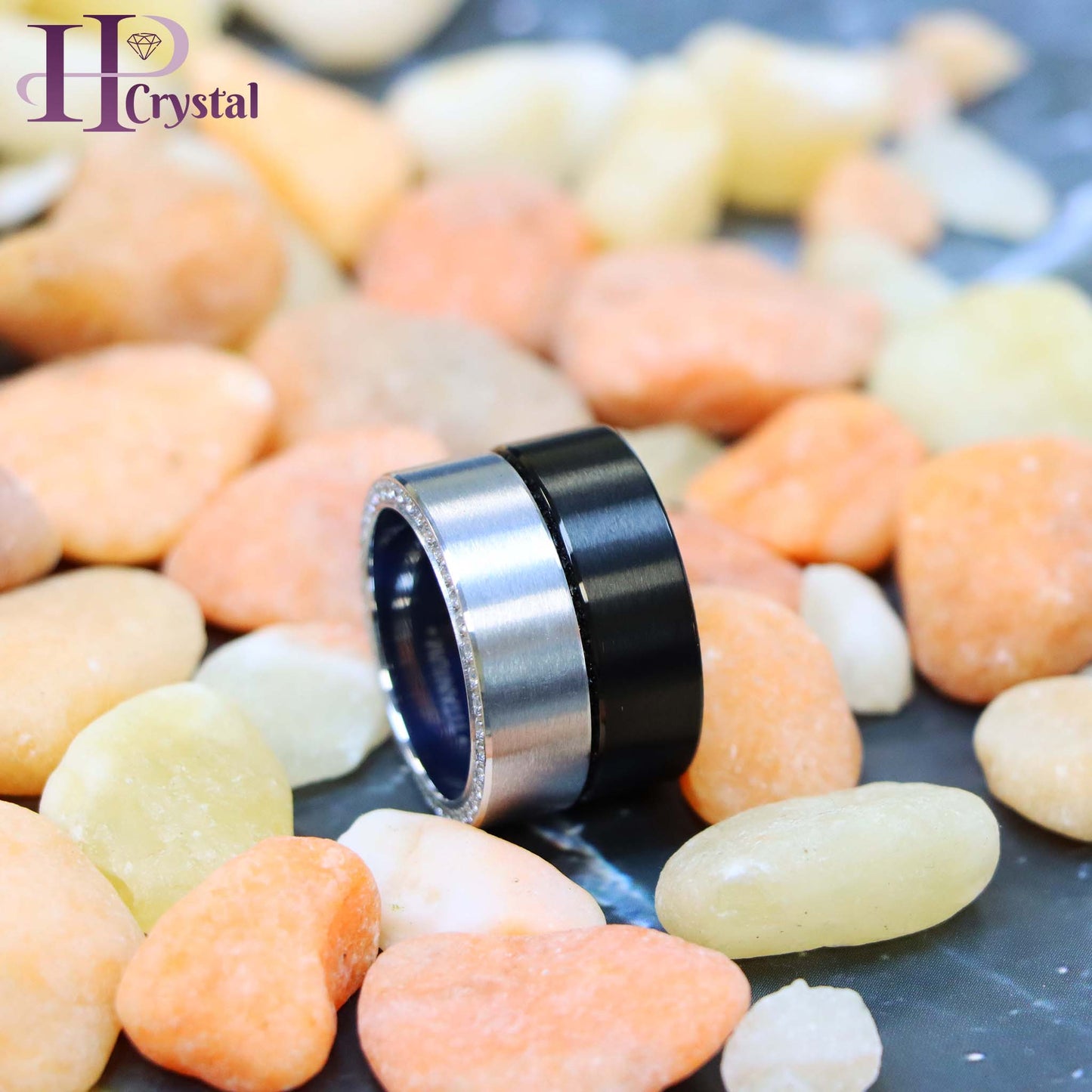 Titanium Black IP Plated Band Ring with Full Side Stones - White & Black CZ Men's Ring