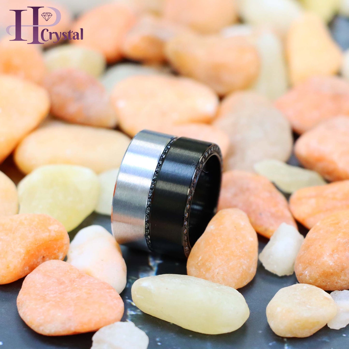 Titanium Black IP Plated Band Ring with Full Side Stones - White & Black CZ Men's Ring