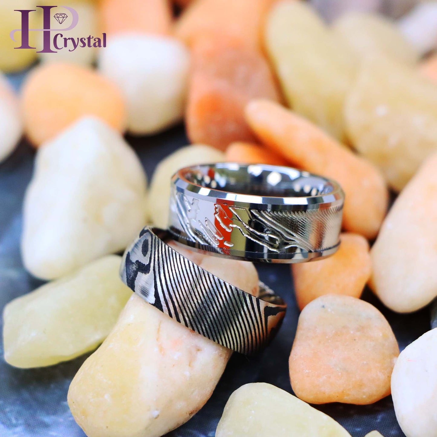 Laser Carved Mokume Gane Effect Low Beveled Edge/Damascus Black & Steel Tungsten Ring