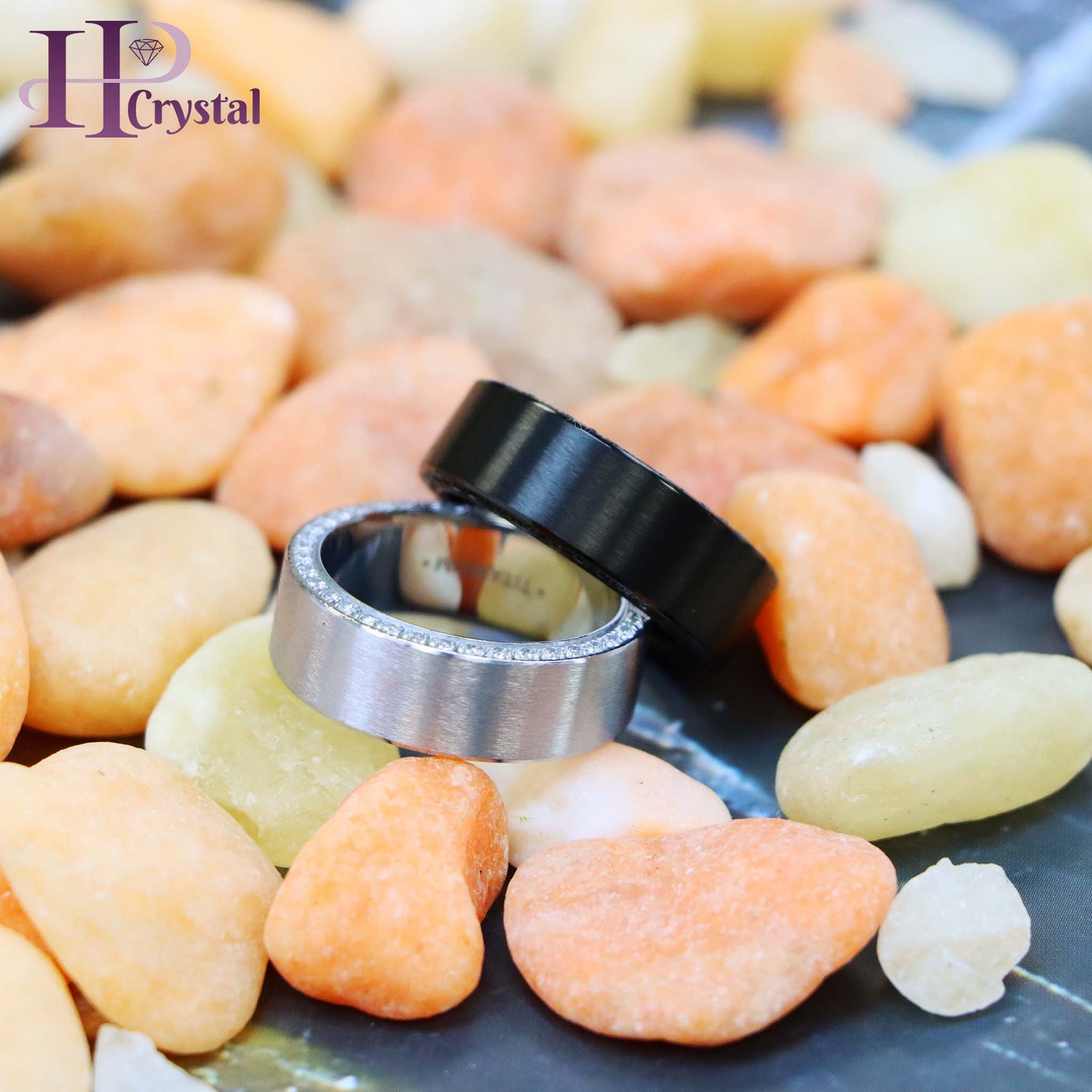 Titanium Black IP Plated Band Ring with Full Side Stones - White & Black CZ Men's Ring