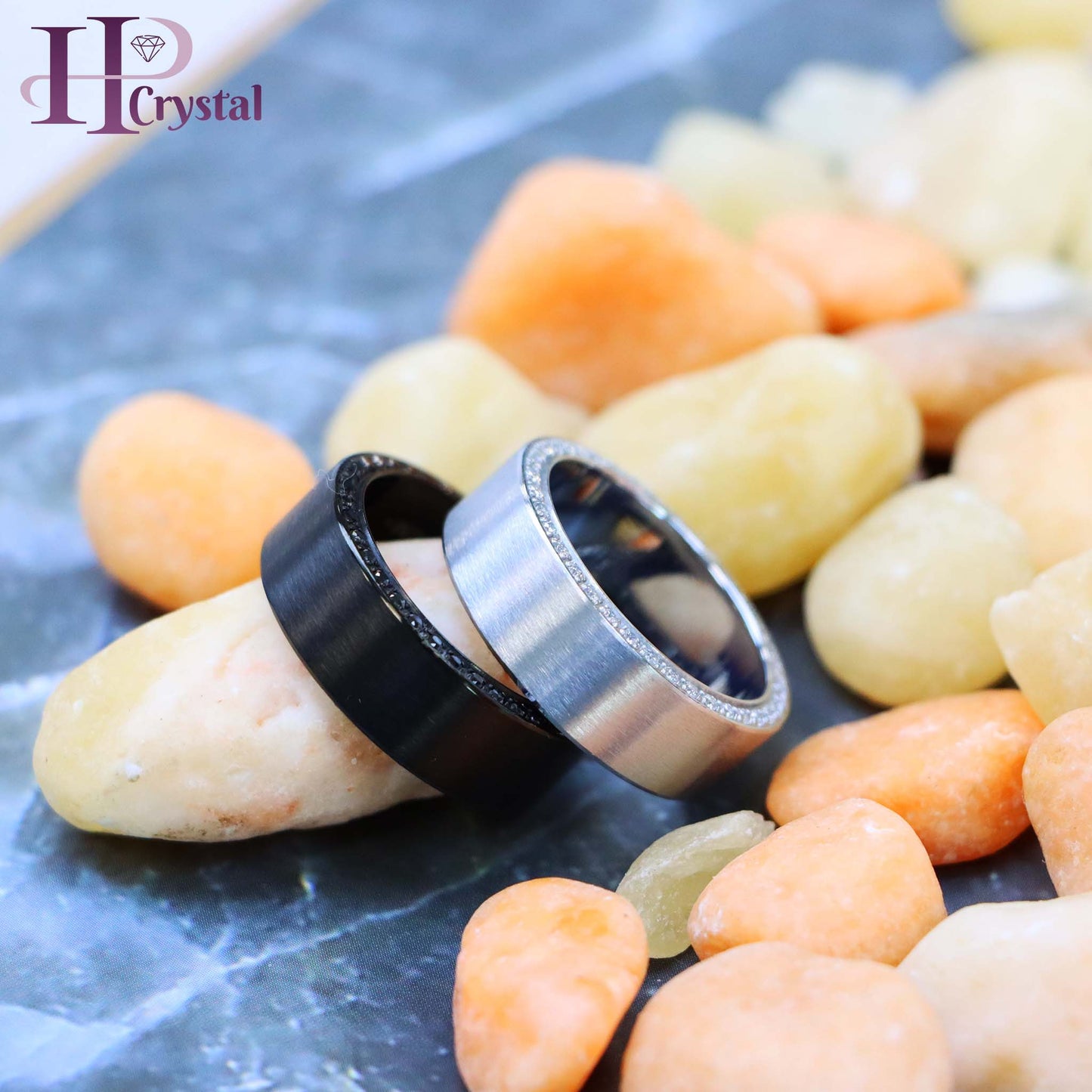 Titanium Black IP Plated Band Ring with Full Side Stones - White & Black CZ Men's Ring