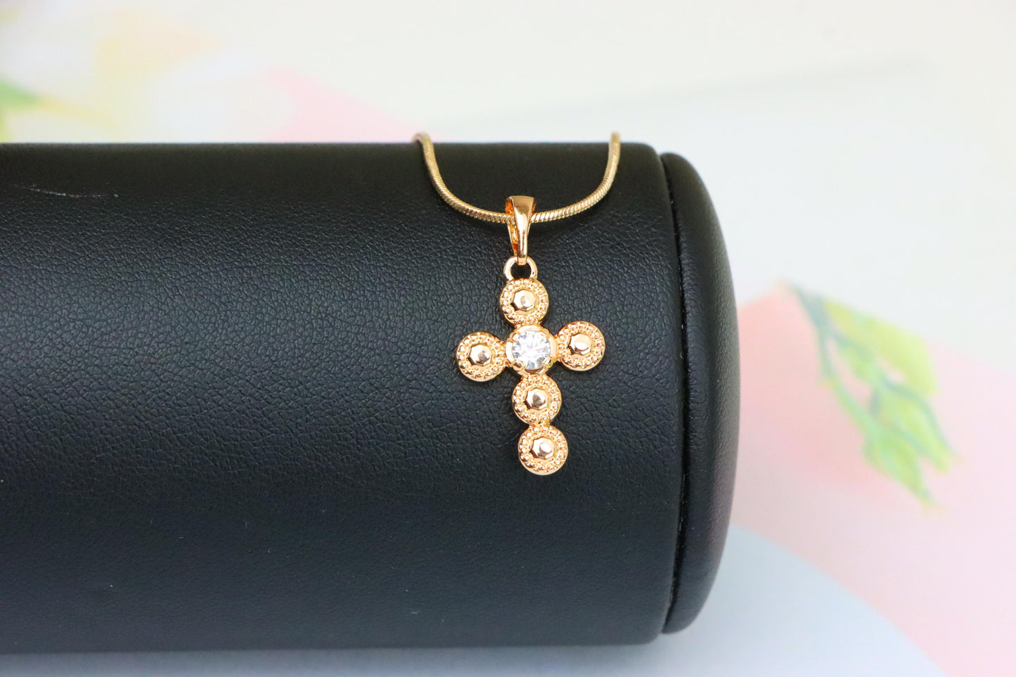 Rose Gold Cross Pendant with Textured Beads and Center Crystal Stone, XPPT1606 (2147-9)