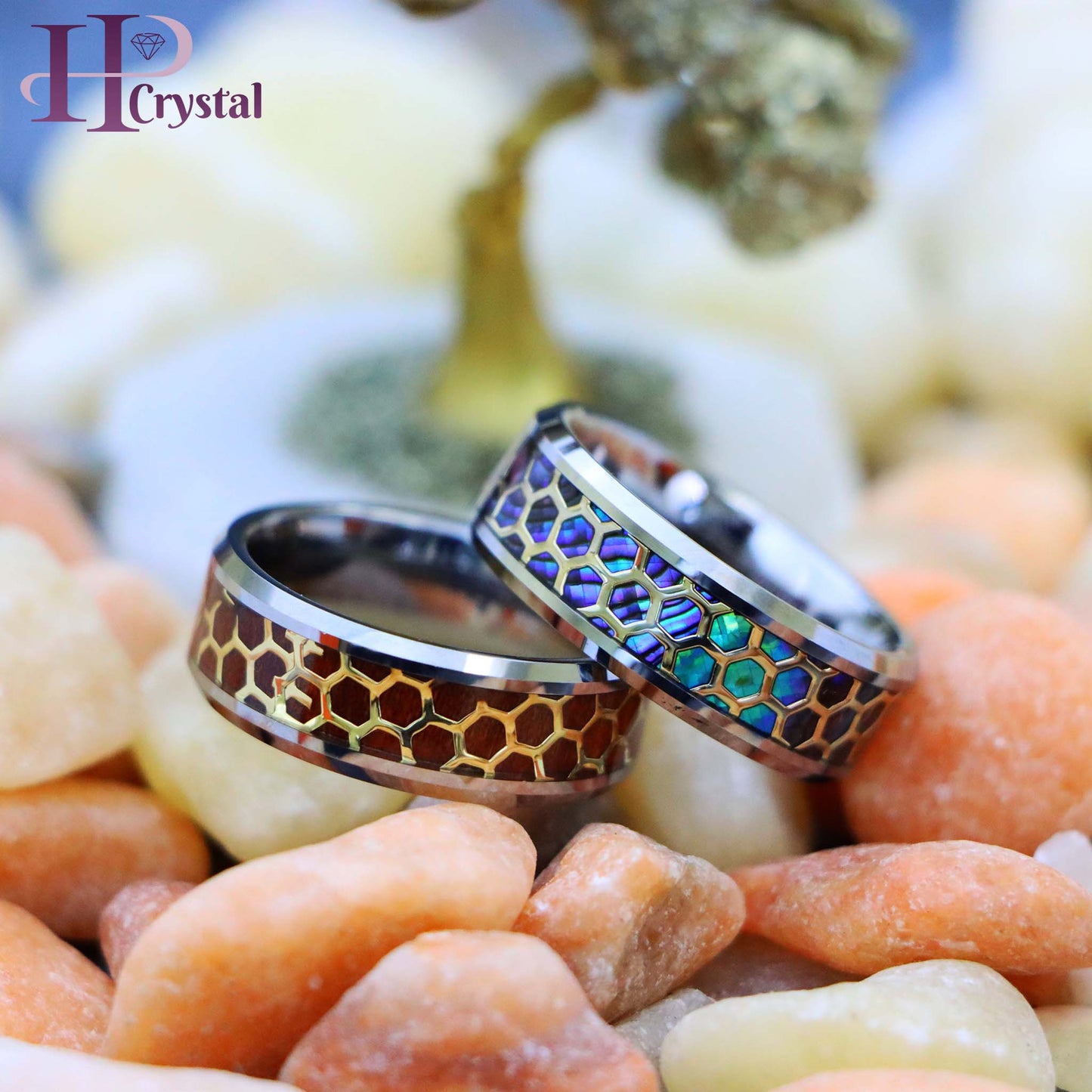 Honeycomb Cut-out over Abalone/Rosewood Inlay Beveled Edge Tungsten Ring