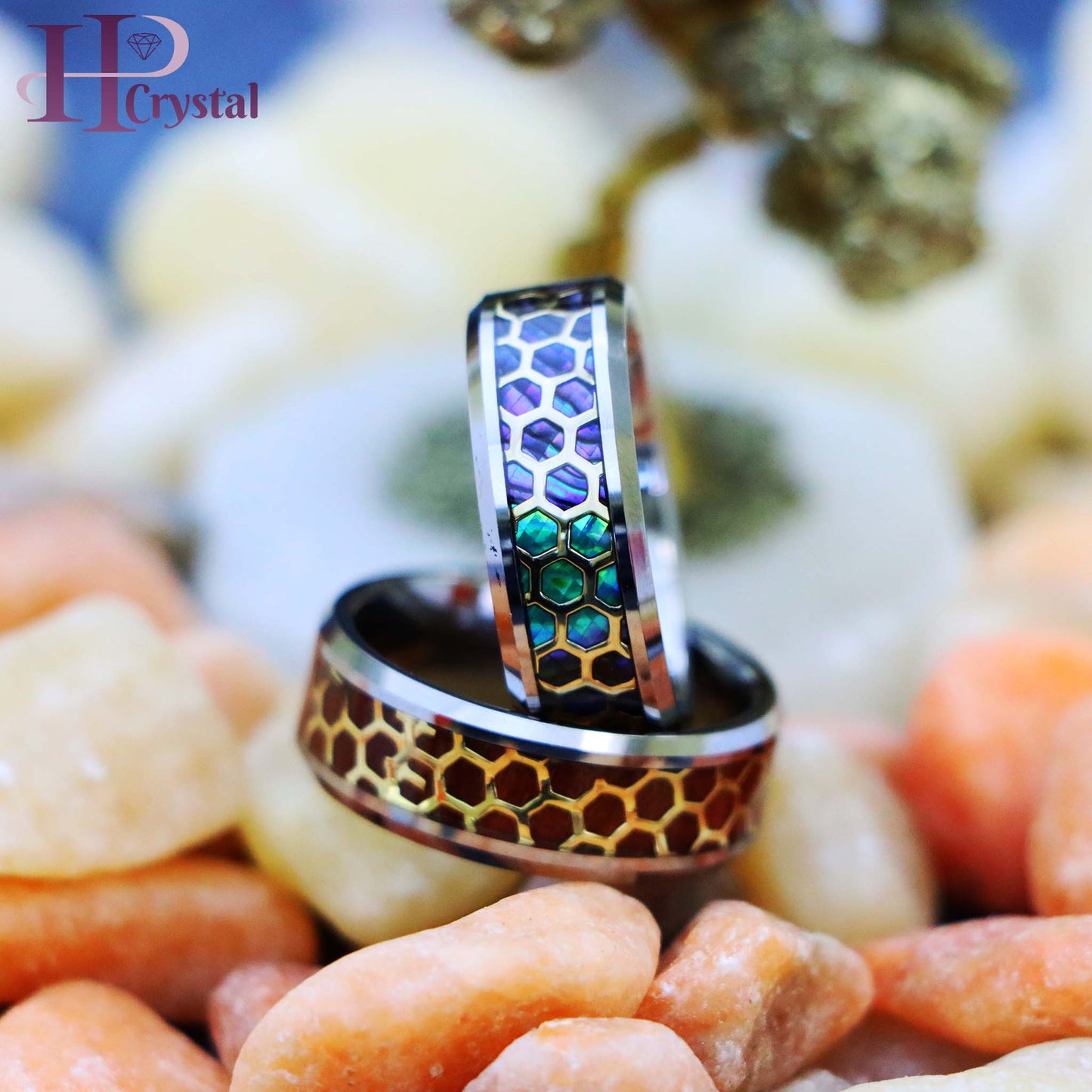 Honeycomb Cut-out over Abalone/Rosewood Inlay Beveled Edge Tungsten Ring