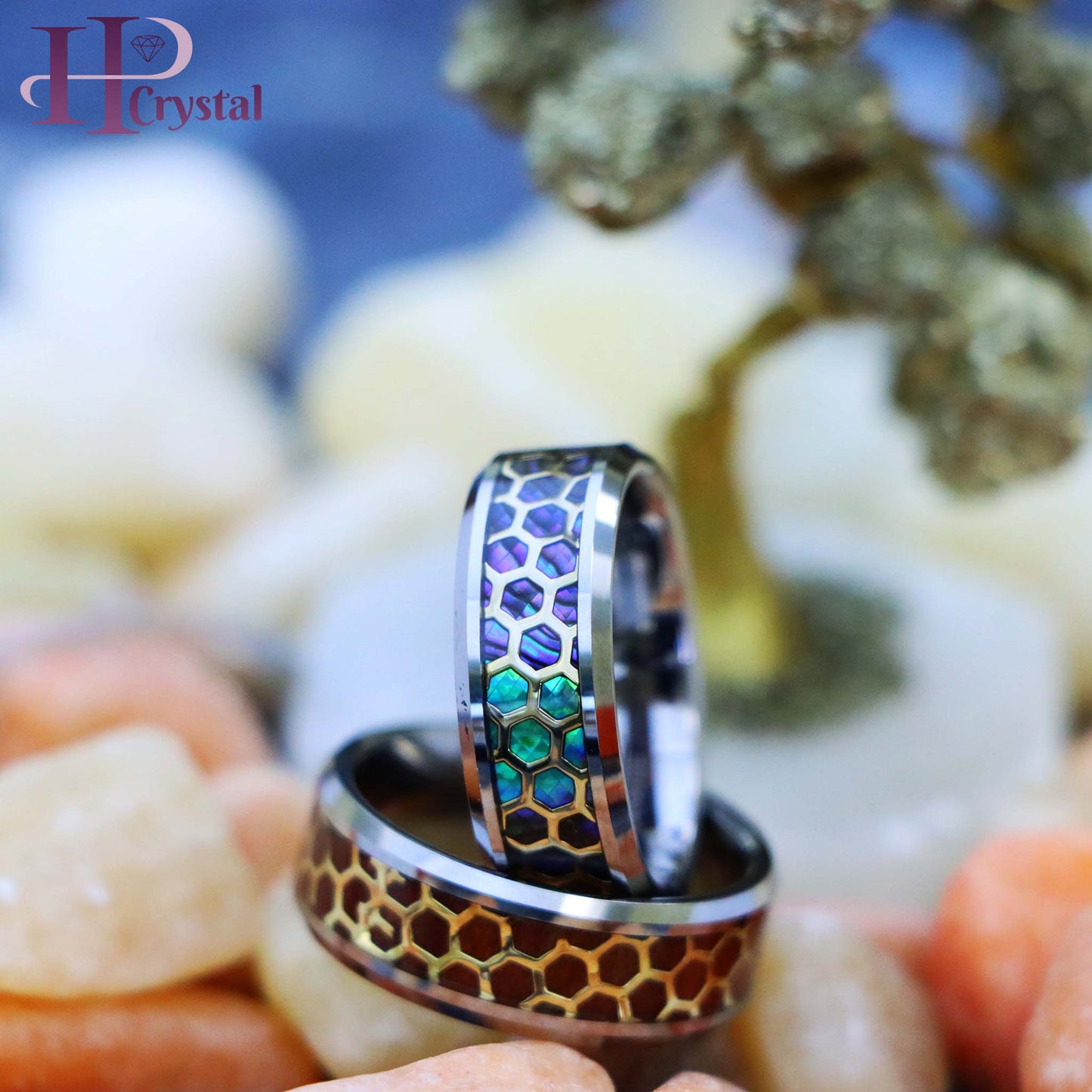 Honeycomb Cut-out over Abalone/Rosewood Inlay Beveled Edge Tungsten Ring