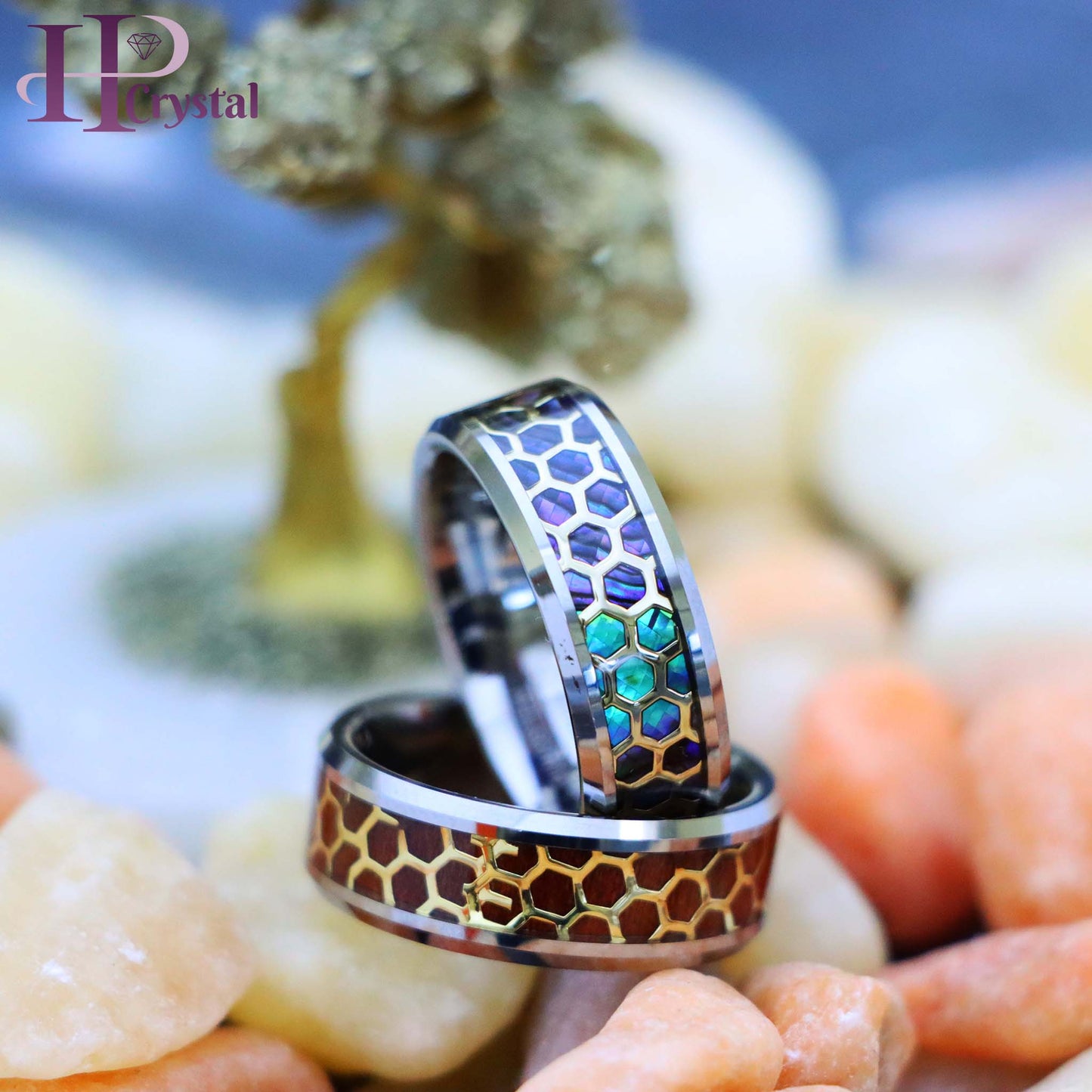 Honeycomb Cut-out over Abalone/Rosewood Inlay Beveled Edge Tungsten Ring