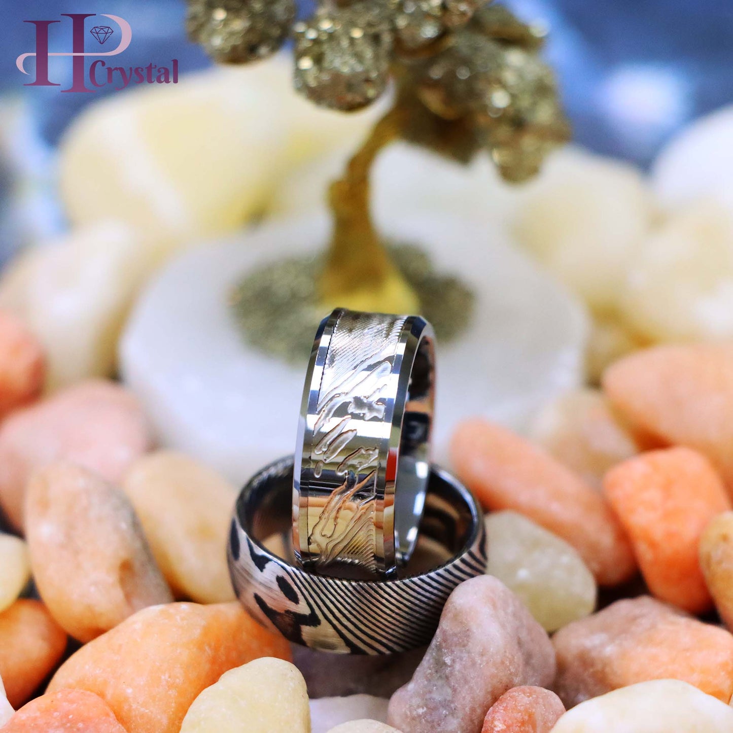 Laser Carved Mokume Gane Effect Low Beveled Edge/Damascus Black & Steel Tungsten Ring