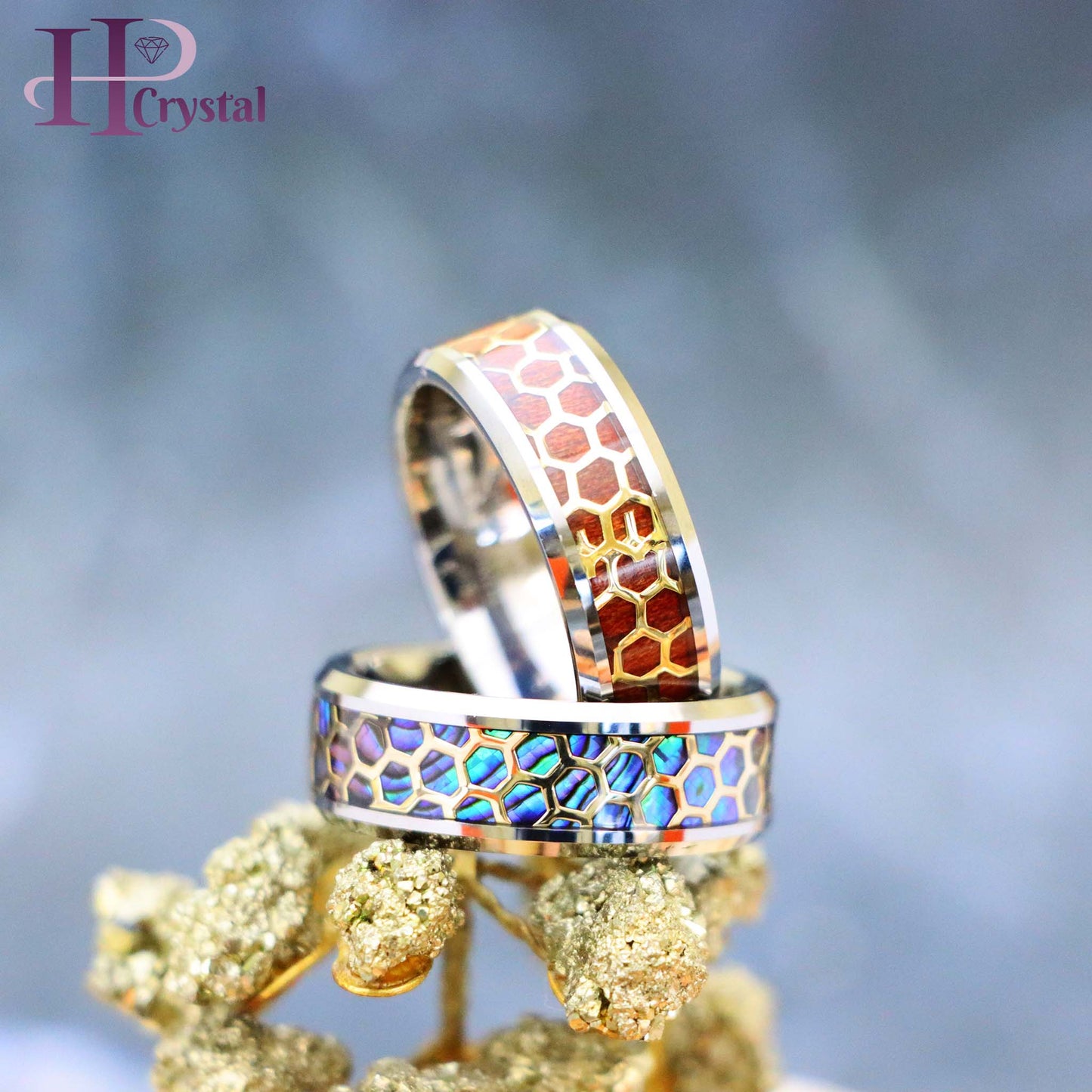 Honeycomb Cut-out over Abalone/Rosewood Inlay Beveled Edge Tungsten Ring