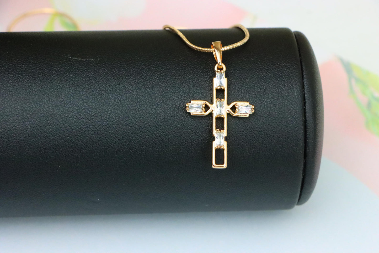 Rose Gold Cross Pendant with Baguette-Cut White Stones Design, XPPT1607 (2147-10)