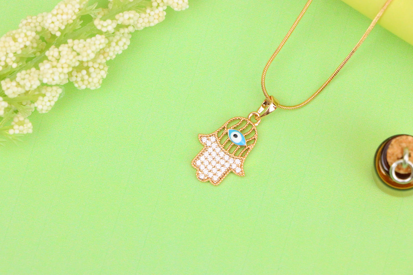Rose Gold Hamsa Hand Pendant with Evil Eye and Crystal Accents, XPPT1609 (2148-2)