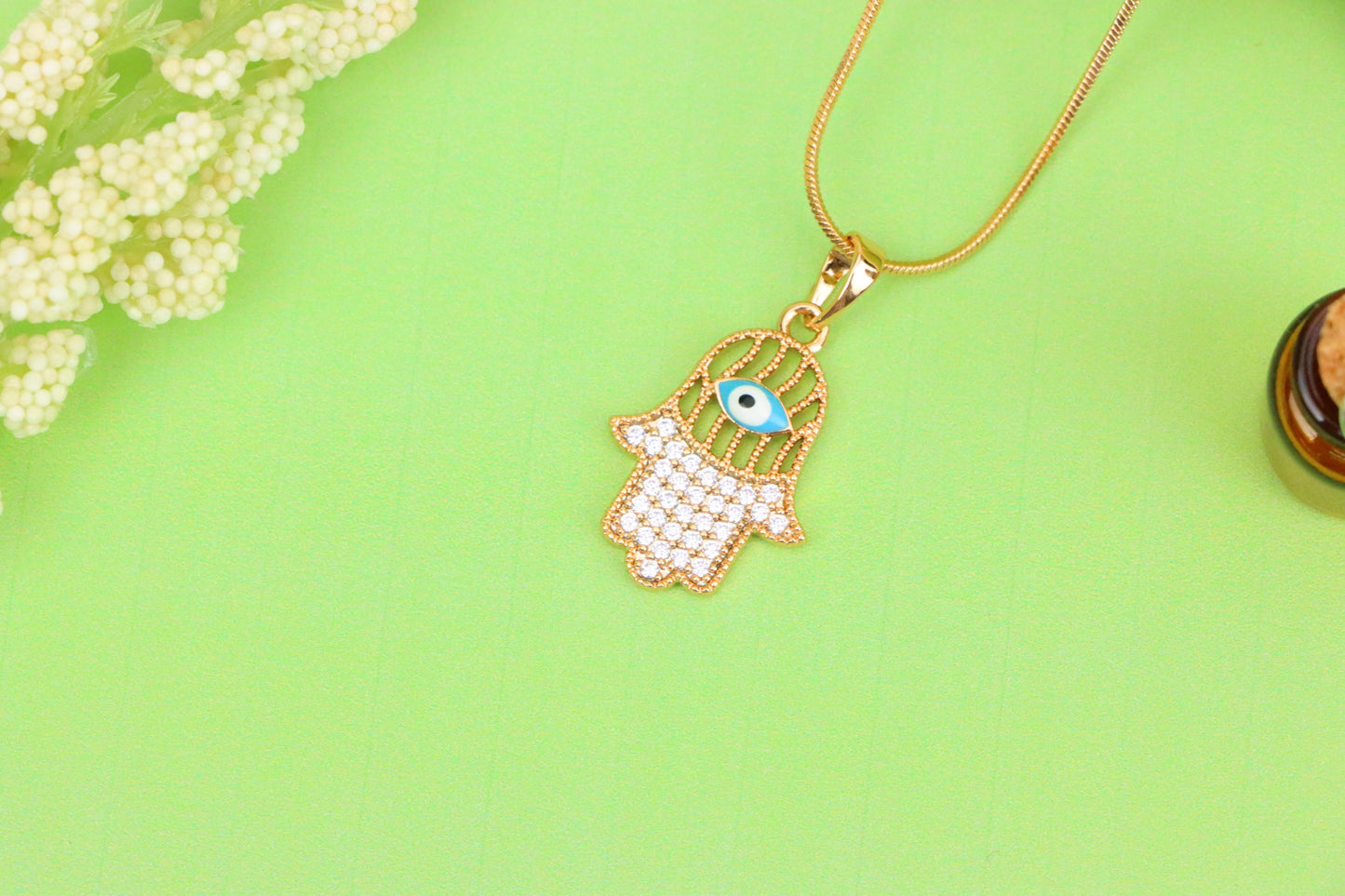 Rose Gold Hamsa Hand Pendant with Evil Eye and Crystal Accents, XPPT1609 (2148-2)