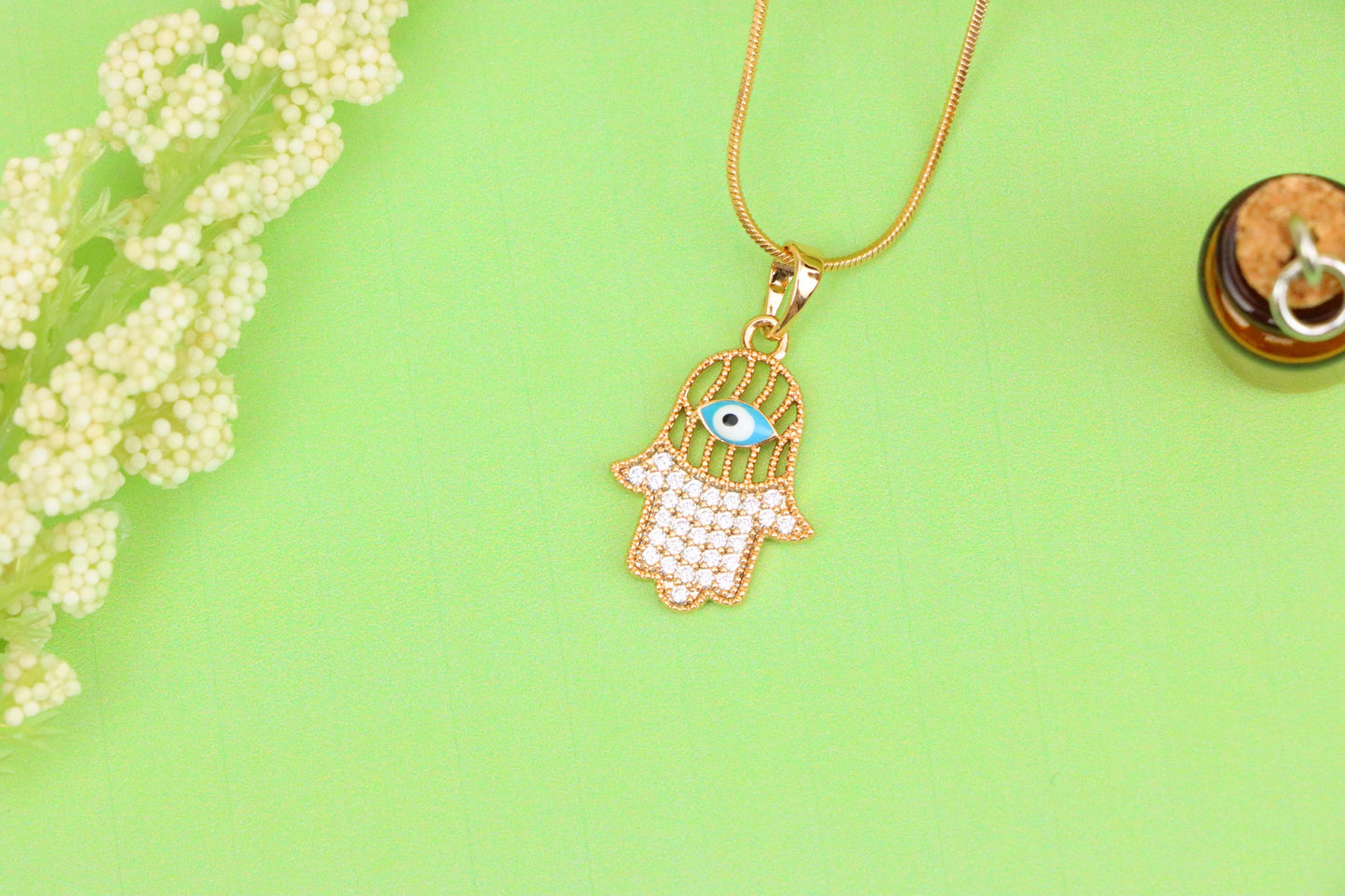 Rose Gold Hamsa Hand Pendant with Evil Eye and Crystal Accents, XPPT1609 (2148-2)