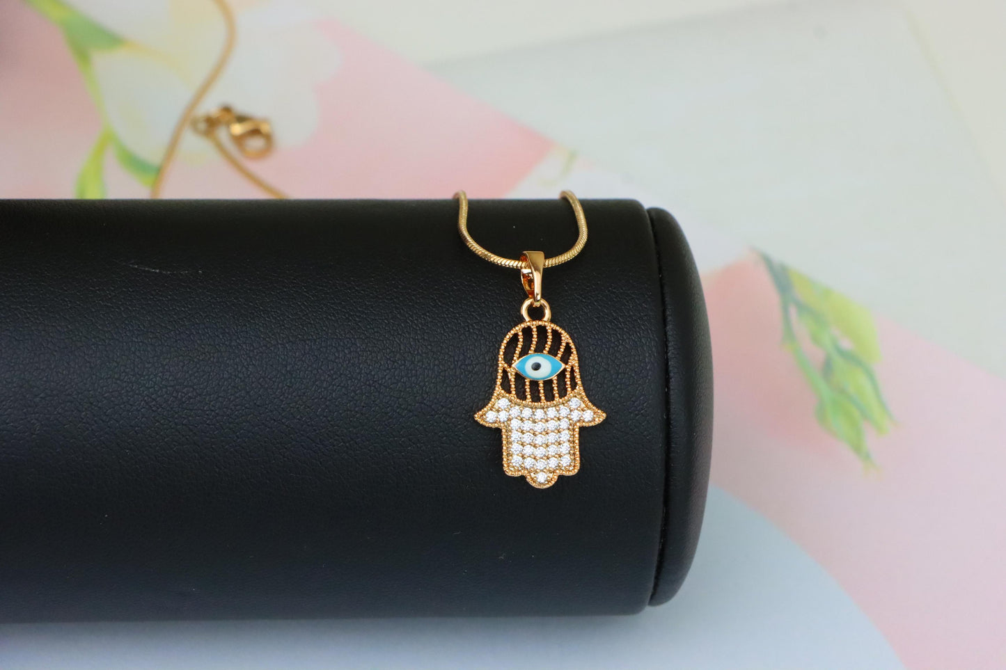 Rose Gold Hamsa Hand Pendant with Evil Eye and Crystal Accents, XPPT1609 (2148-2)