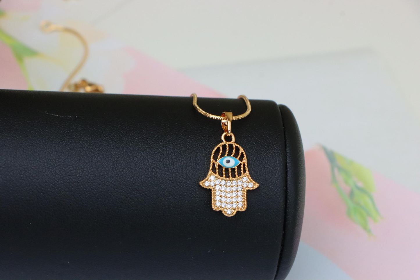 Rose Gold Hamsa Hand Pendant with Evil Eye and Crystal Accents, XPPT1609 (2148-2)