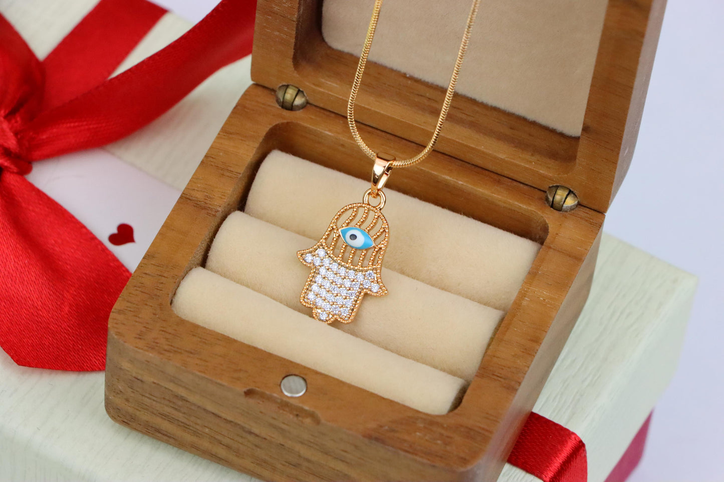 Rose Gold Hamsa Hand Pendant with Evil Eye and Crystal Accents, XPPT1609 (2148-2)