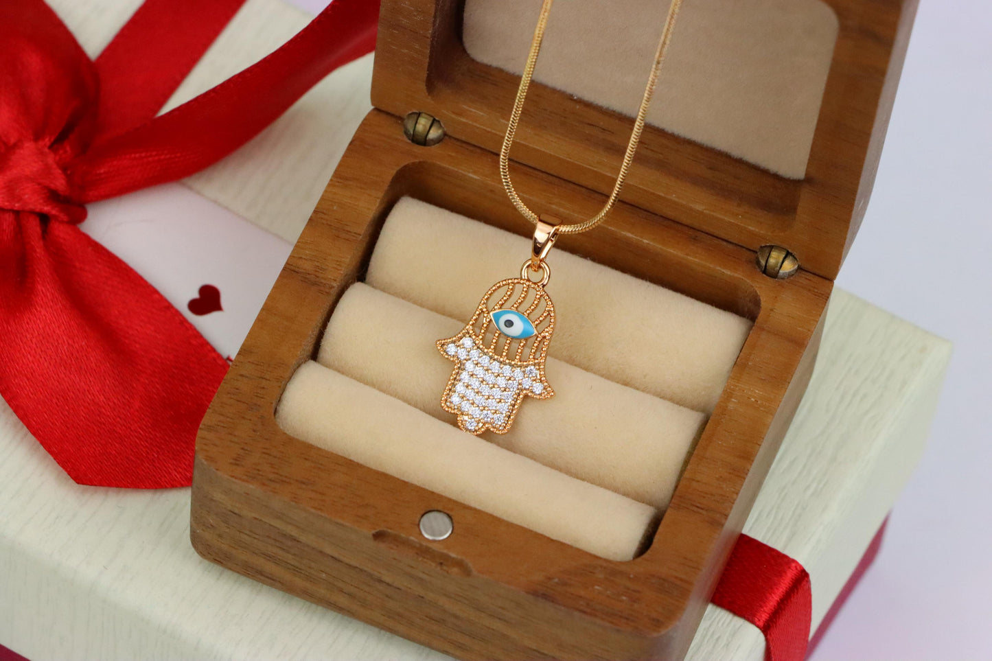 Rose Gold Hamsa Hand Pendant with Evil Eye and Crystal Accents, XPPT1609 (2148-2)