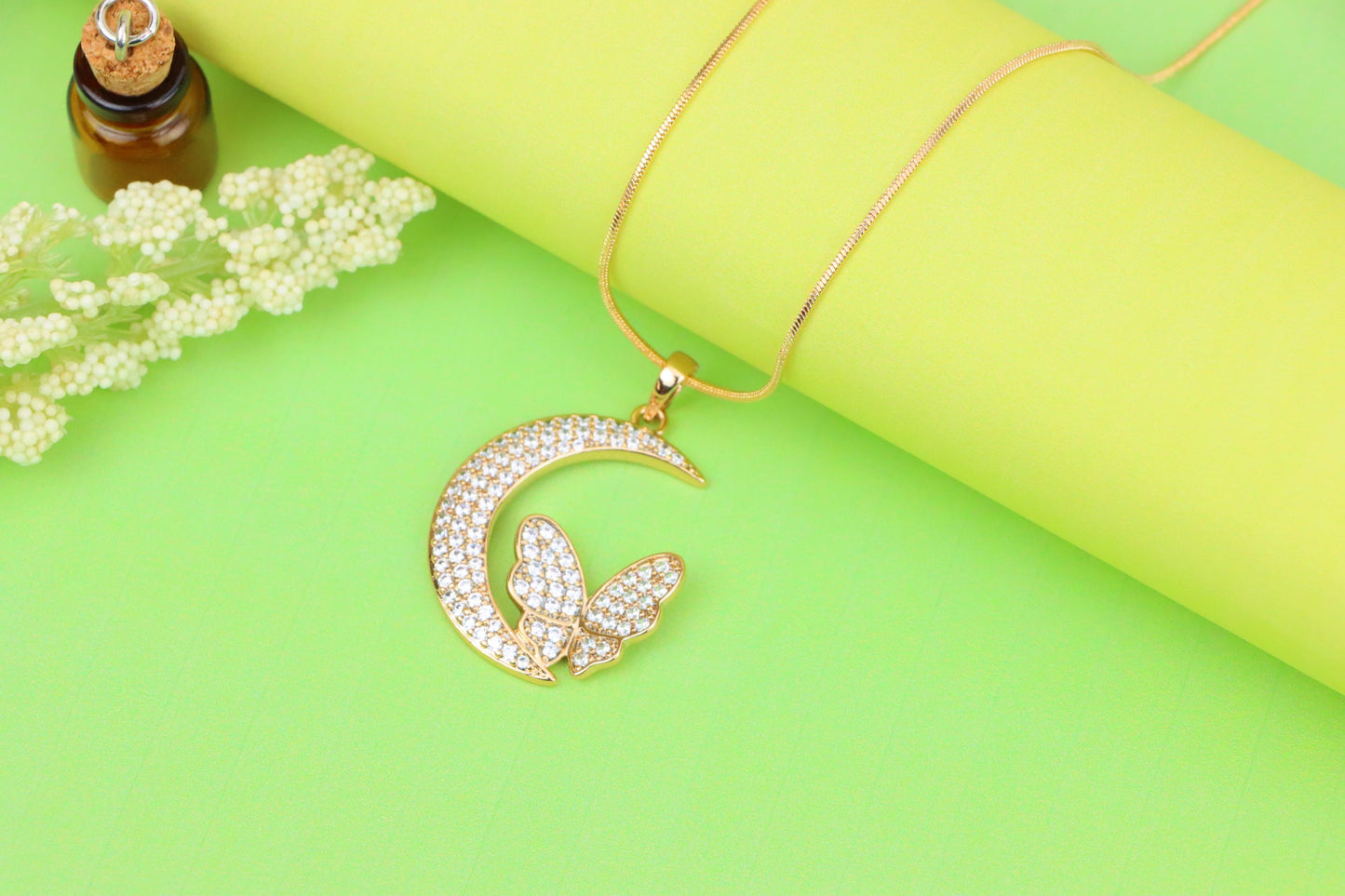 Moon and Butterfly Rose Gold Pendant with Crystals, XPPT1219 (2122-5)