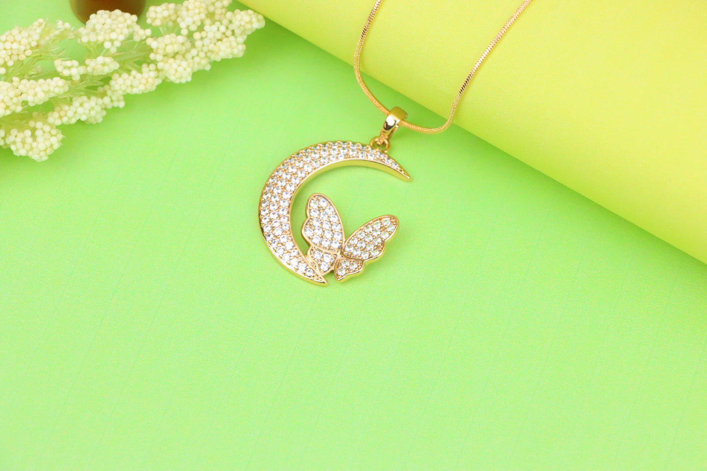 Moon and Butterfly Rose Gold Pendant with Crystals, XPPT1219 (2122-5)