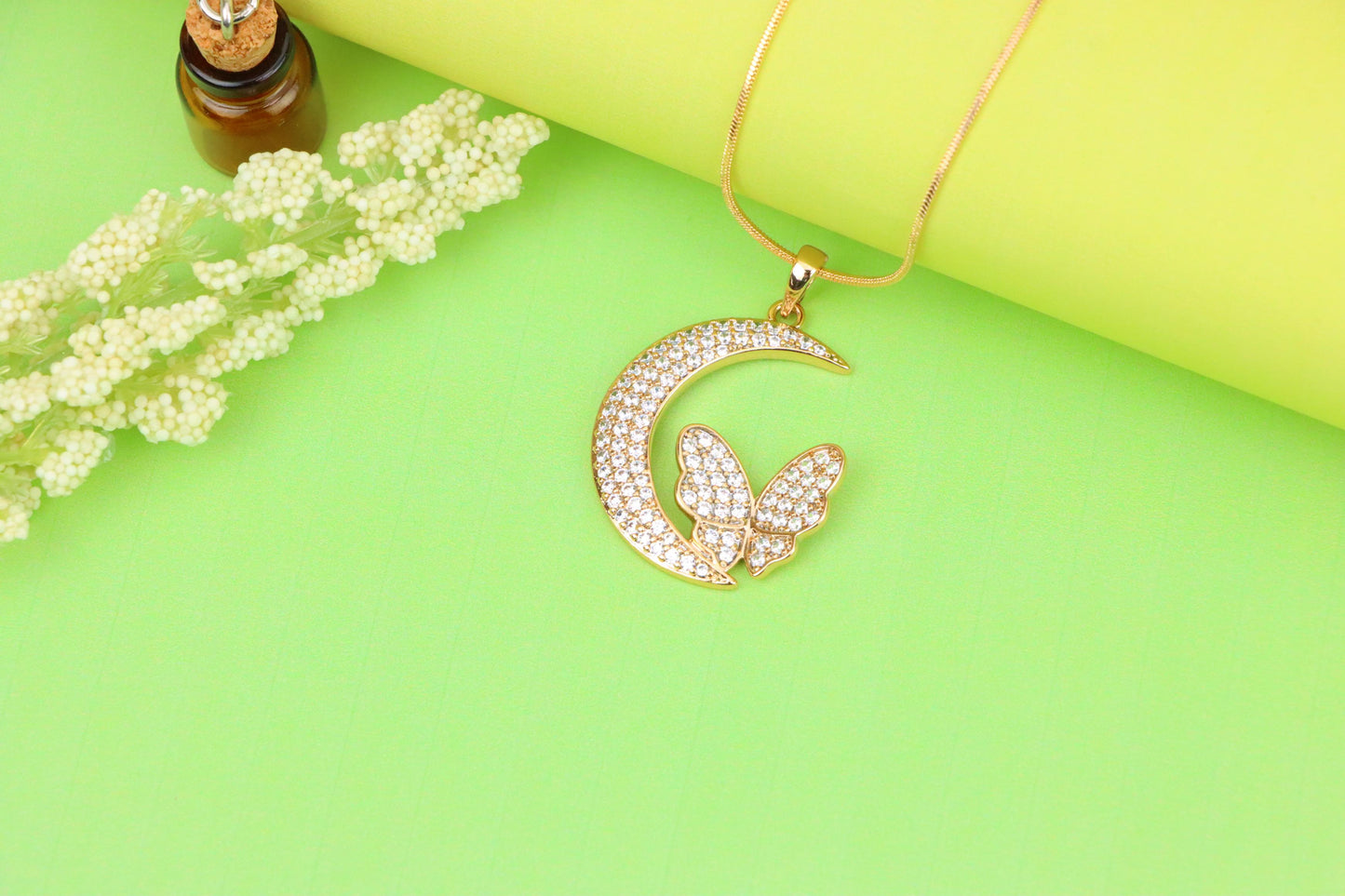 Moon and Butterfly Rose Gold Pendant with Crystals, XPPT1219 (2122-5)