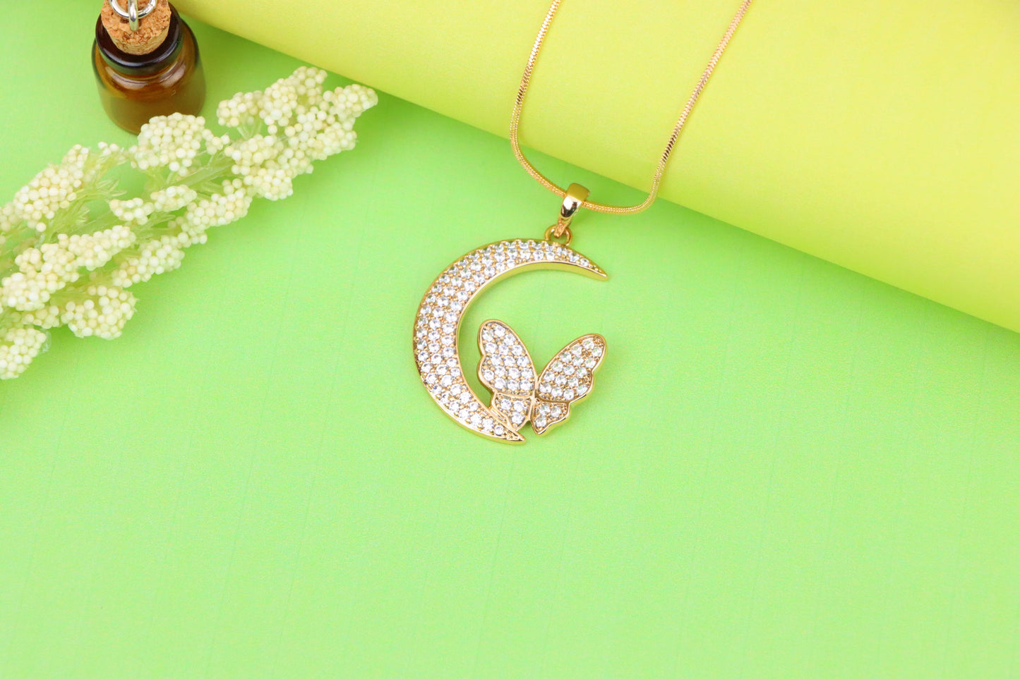 Moon and Butterfly Rose Gold Pendant with Crystals, XPPT1219 (2122-5)