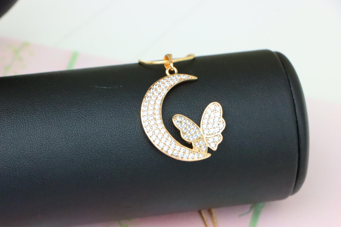Moon and Butterfly Rose Gold Pendant with Crystals, XPPT1219 (2122-5)