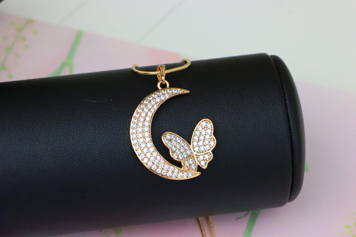Moon and Butterfly Rose Gold Pendant with Crystals, XPPT1219 (2122-5)