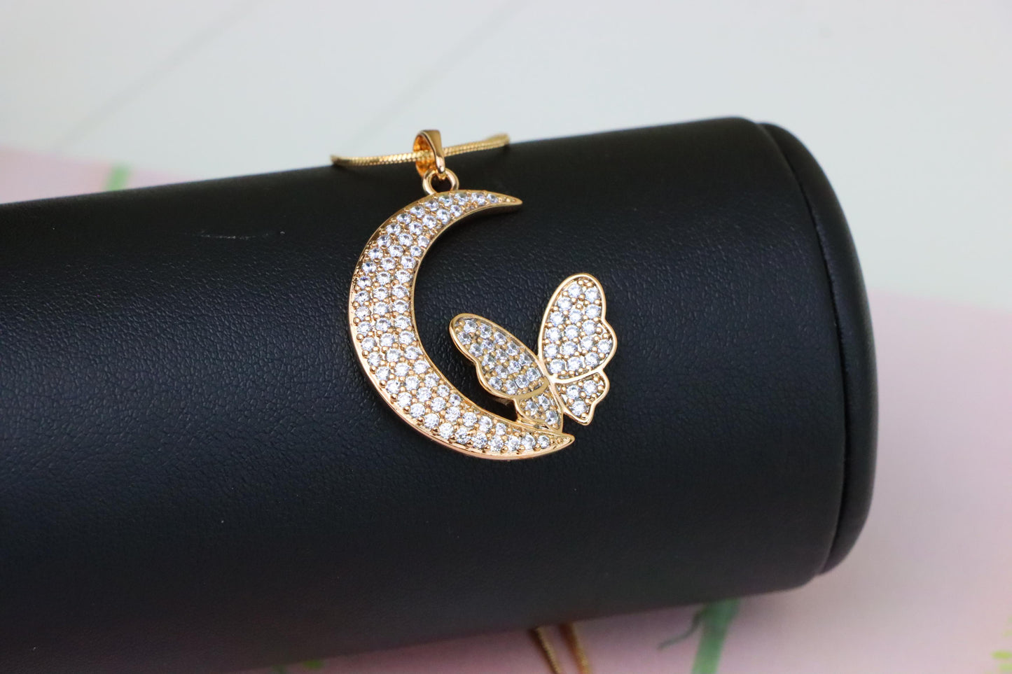 Moon and Butterfly Rose Gold Pendant with Crystals, XPPT1219 (2122-5)