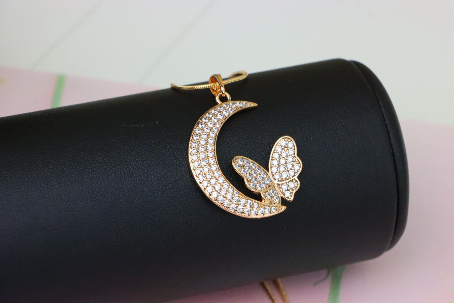 Moon and Butterfly Rose Gold Pendant with Crystals, XPPT1219 (2122-5)
