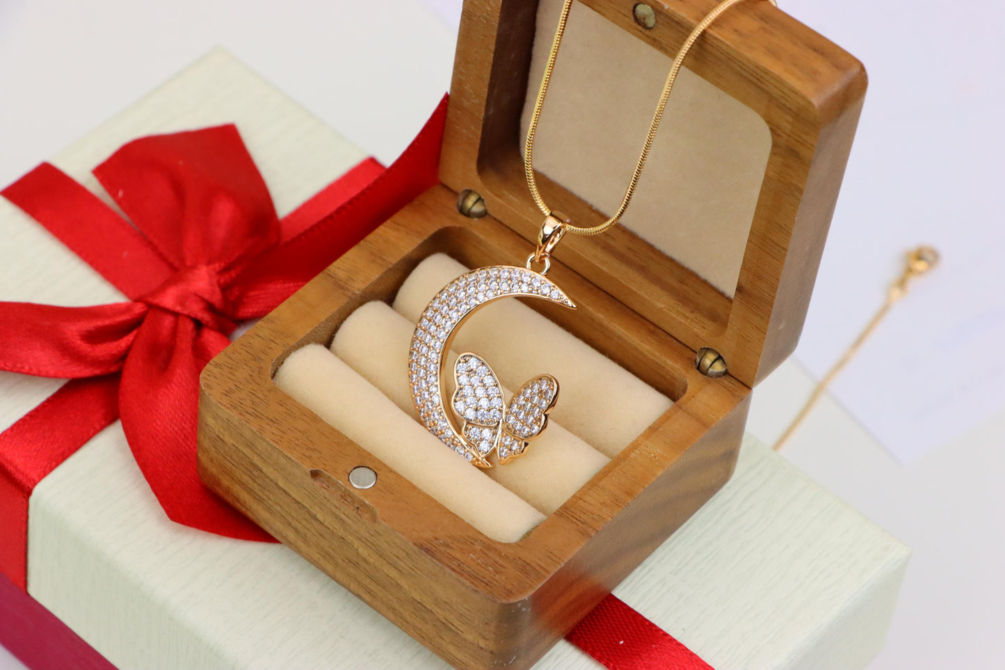 Moon and Butterfly Rose Gold Pendant with Crystals, XPPT1219 (2122-5)