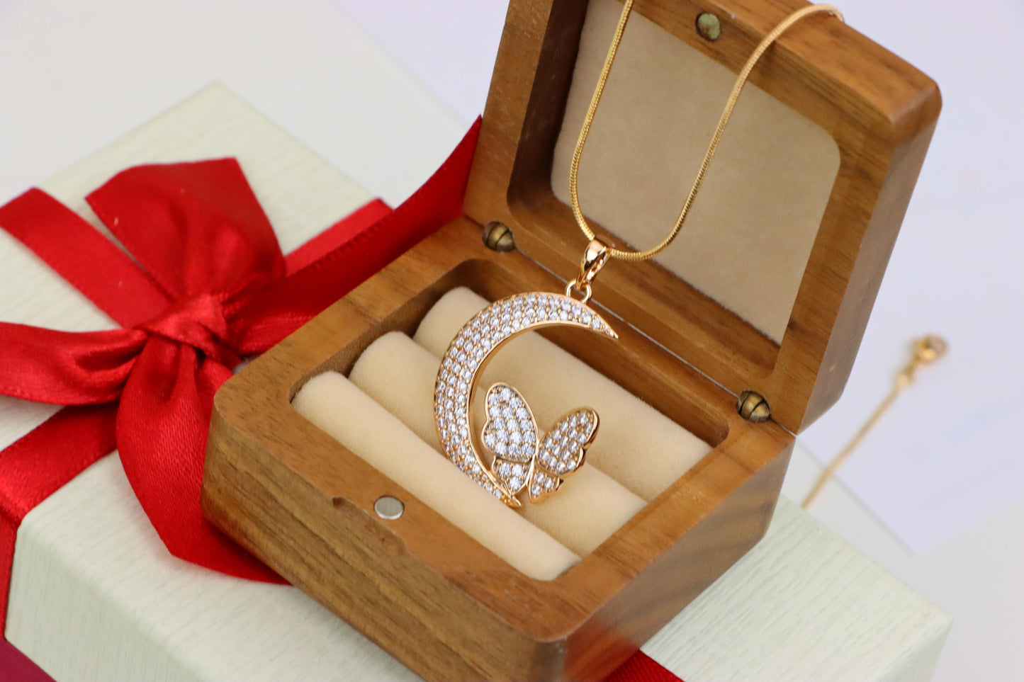Moon and Butterfly Rose Gold Pendant with Crystals, XPPT1219 (2122-5)