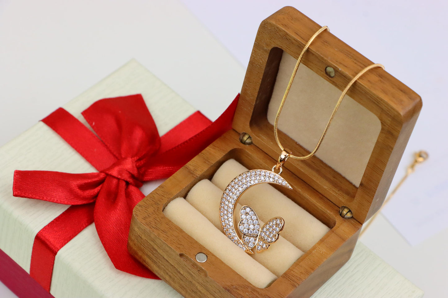 Moon and Butterfly Rose Gold Pendant with Crystals, XPPT1219 (2122-5)