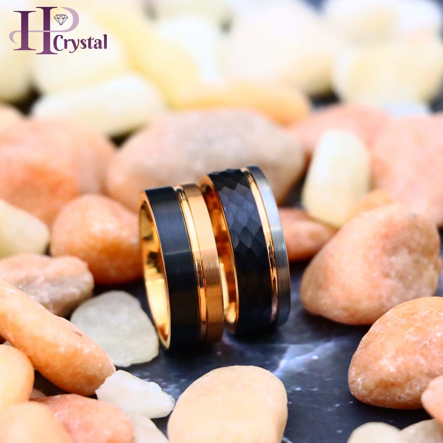 Three-tone Natural, Rose Gold & Hammered Black IP Plated Groove Tungsten Ring Two-tone Rose & Black IP Split Pipe-cut Tungsten Ring