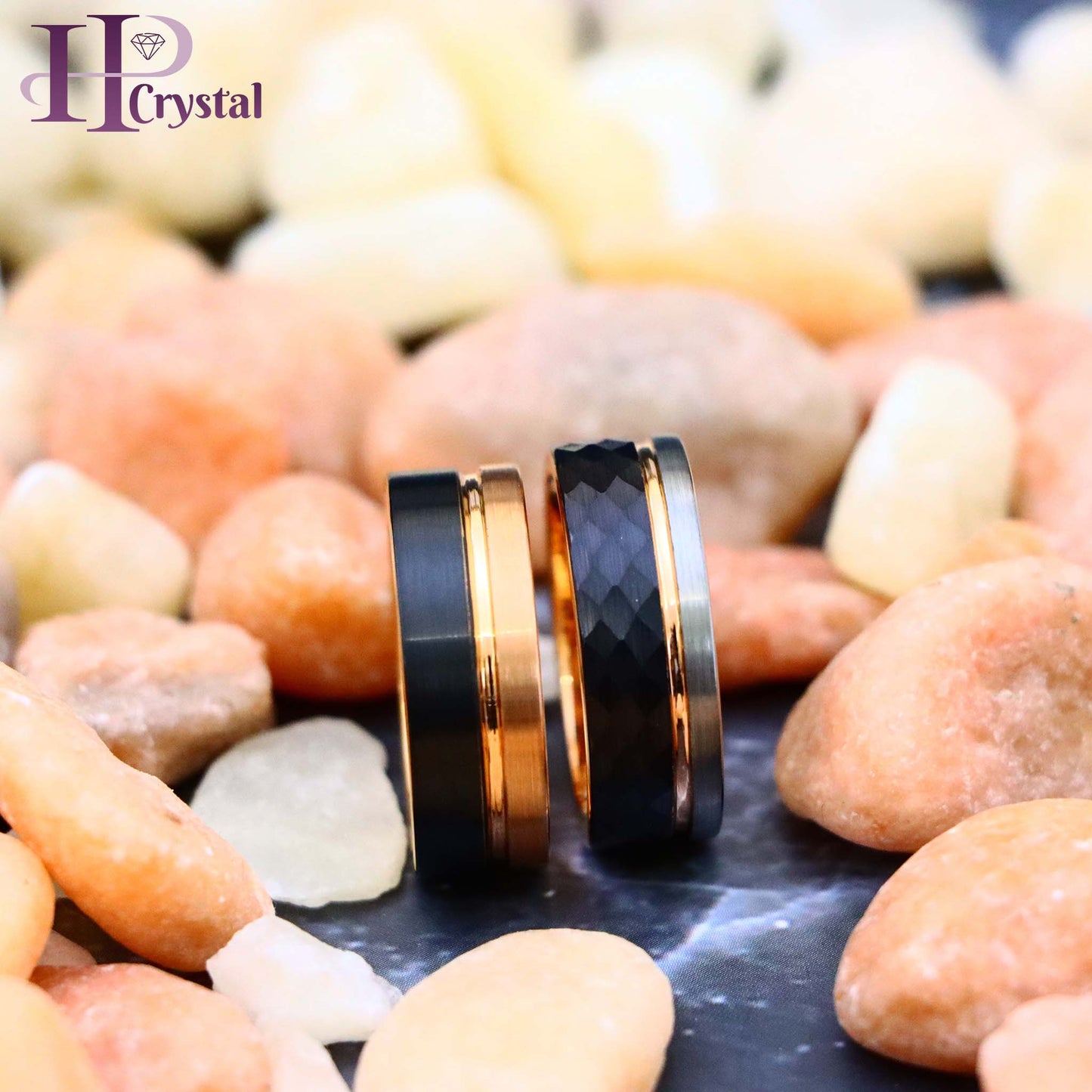 Three-tone Natural, Rose Gold & Hammered Black IP Plated Groove Tungsten Ring Two-tone Rose & Black IP Split Pipe-cut Tungsten Ring