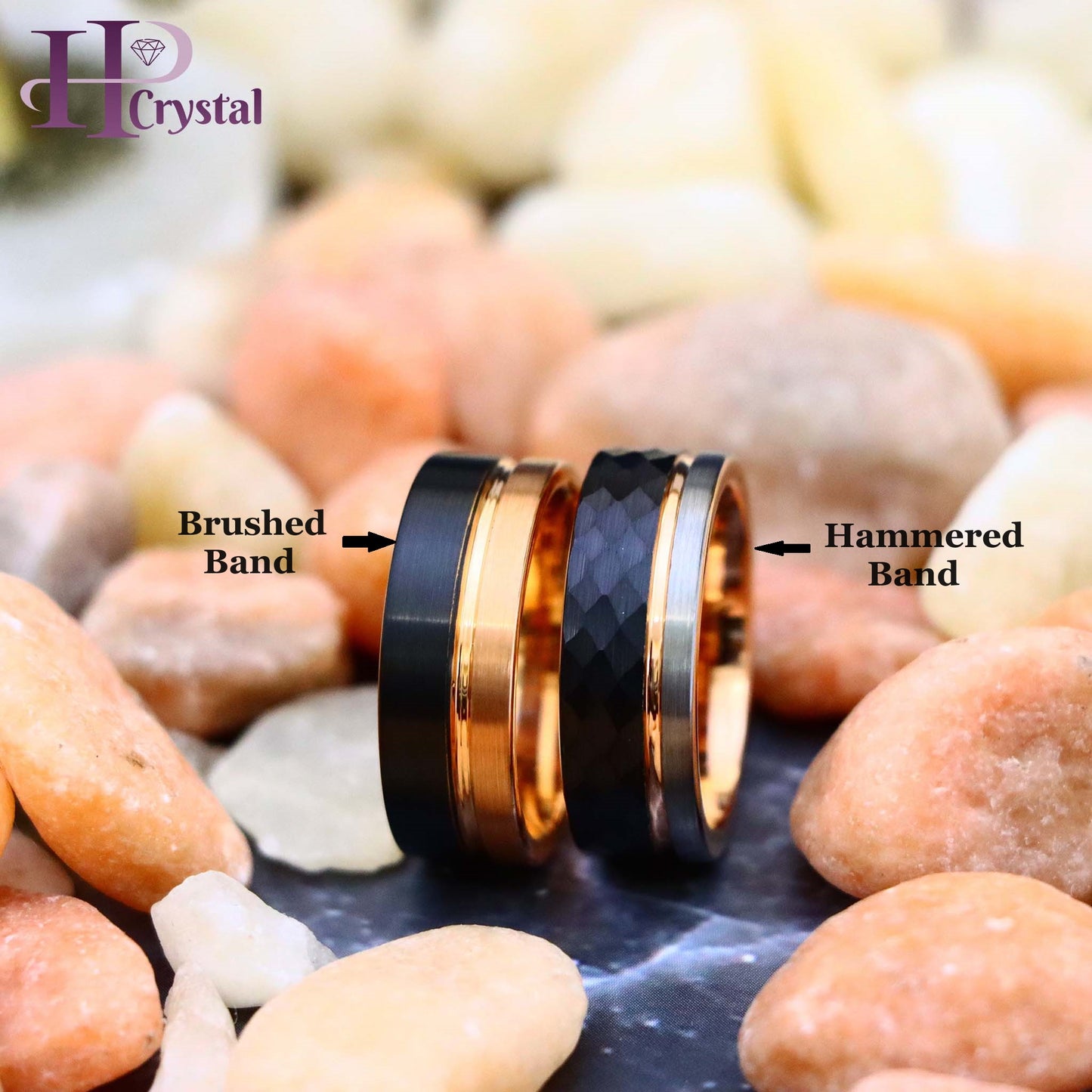 Three-tone Natural, Rose Gold & Hammered Black IP Plated Groove Tungsten Ring Two-tone Rose & Black IP Split Pipe-cut Tungsten Ring