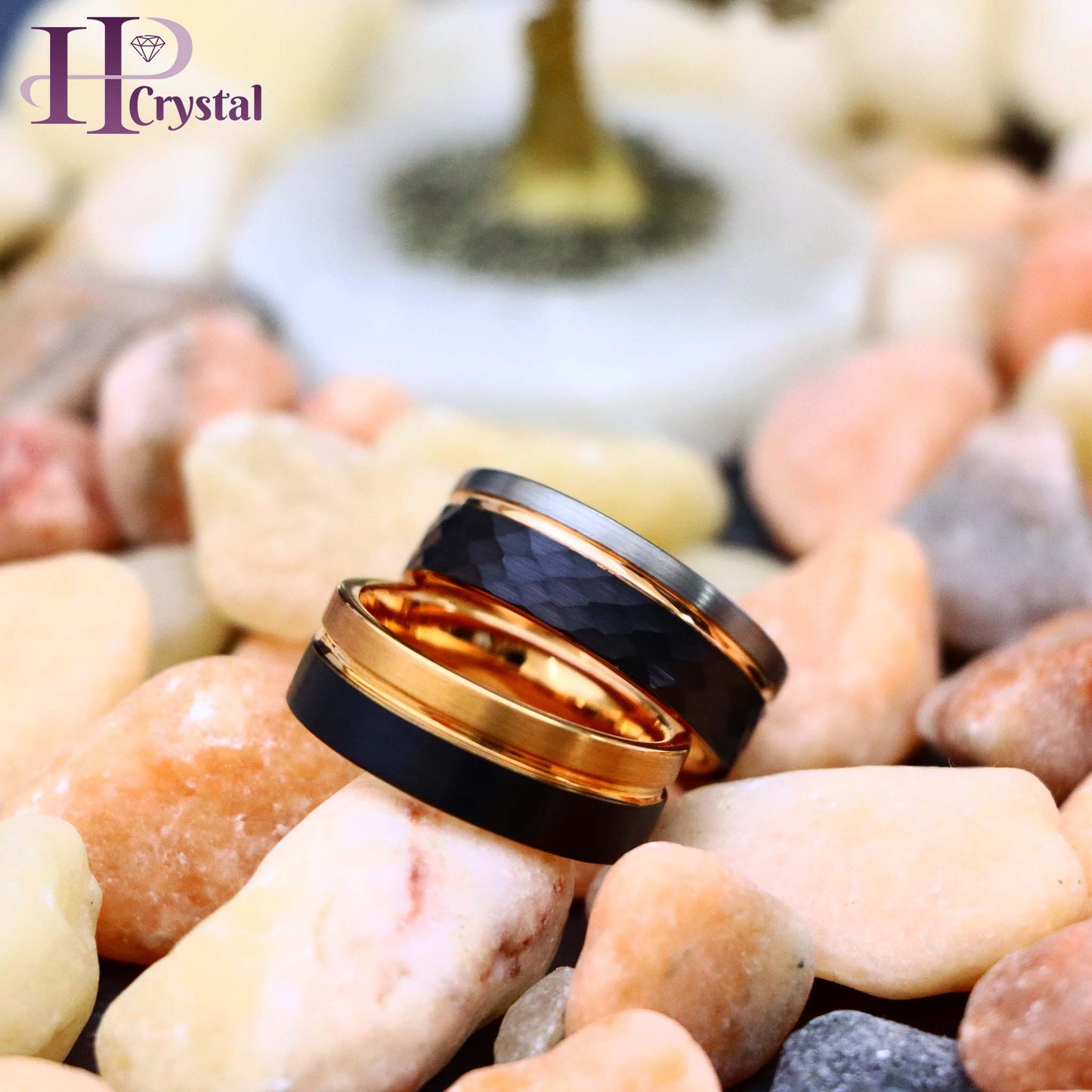 Three-tone Natural, Rose Gold & Hammered Black IP Plated Groove Tungsten Ring Two-tone Rose & Black IP Split Pipe-cut Tungsten Ring