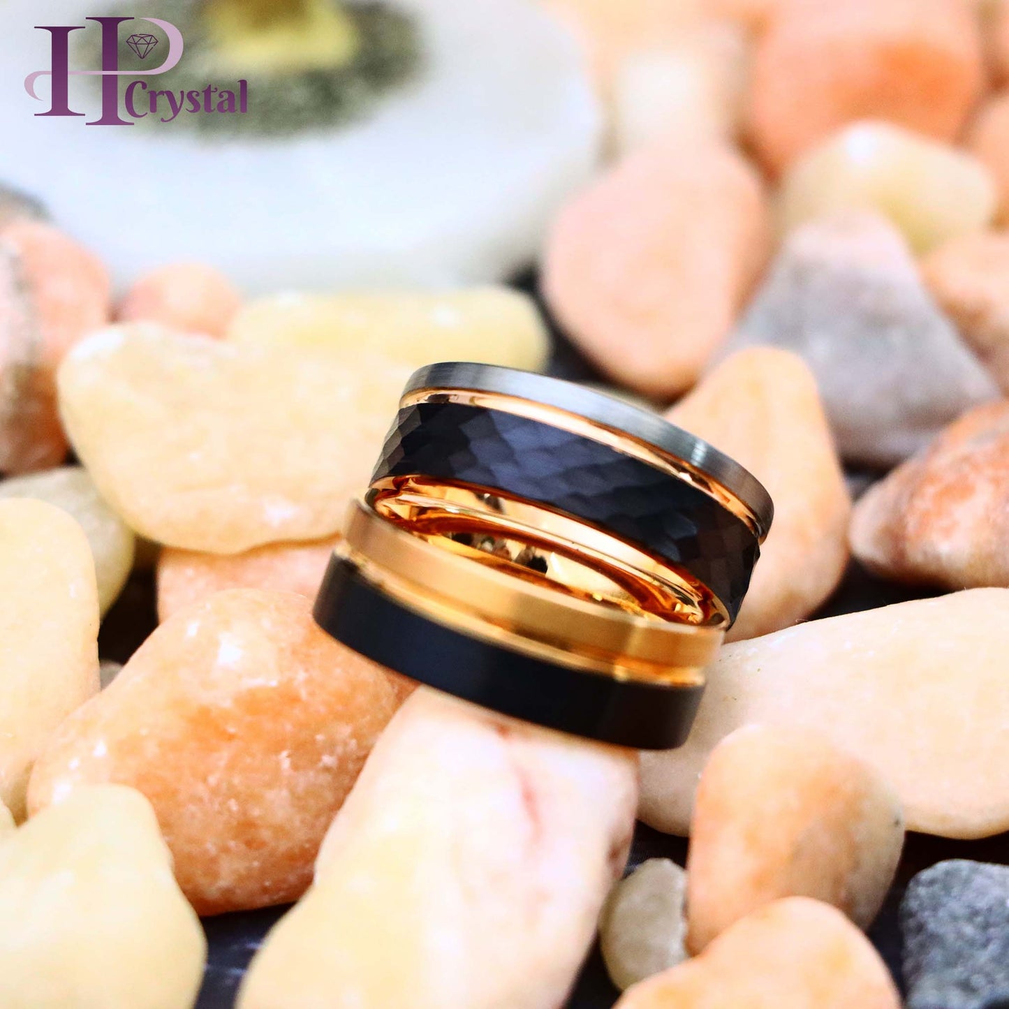 Three-tone Natural, Rose Gold & Hammered Black IP Plated Groove Tungsten Ring Two-tone Rose & Black IP Split Pipe-cut Tungsten Ring