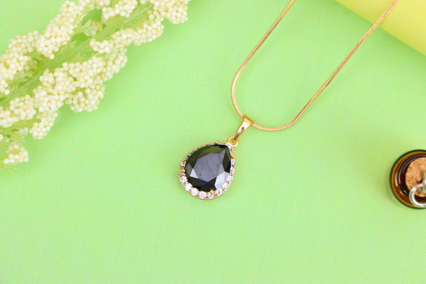 Teardrop Black Pendant with White Crystal Border in Rose Gold Finish, XPPT1614 (2148-6)