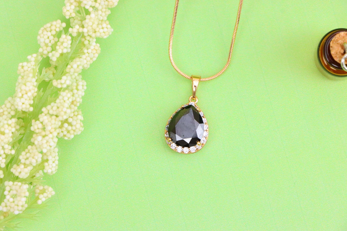 Teardrop Black Pendant with White Crystal Border in Rose Gold Finish, XPPT1614 (2148-6)