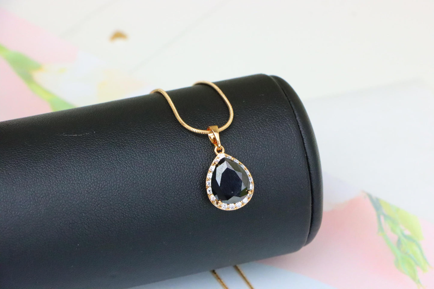 Teardrop Black Pendant with White Crystal Border in Rose Gold Finish, XPPT1614 (2148-6)