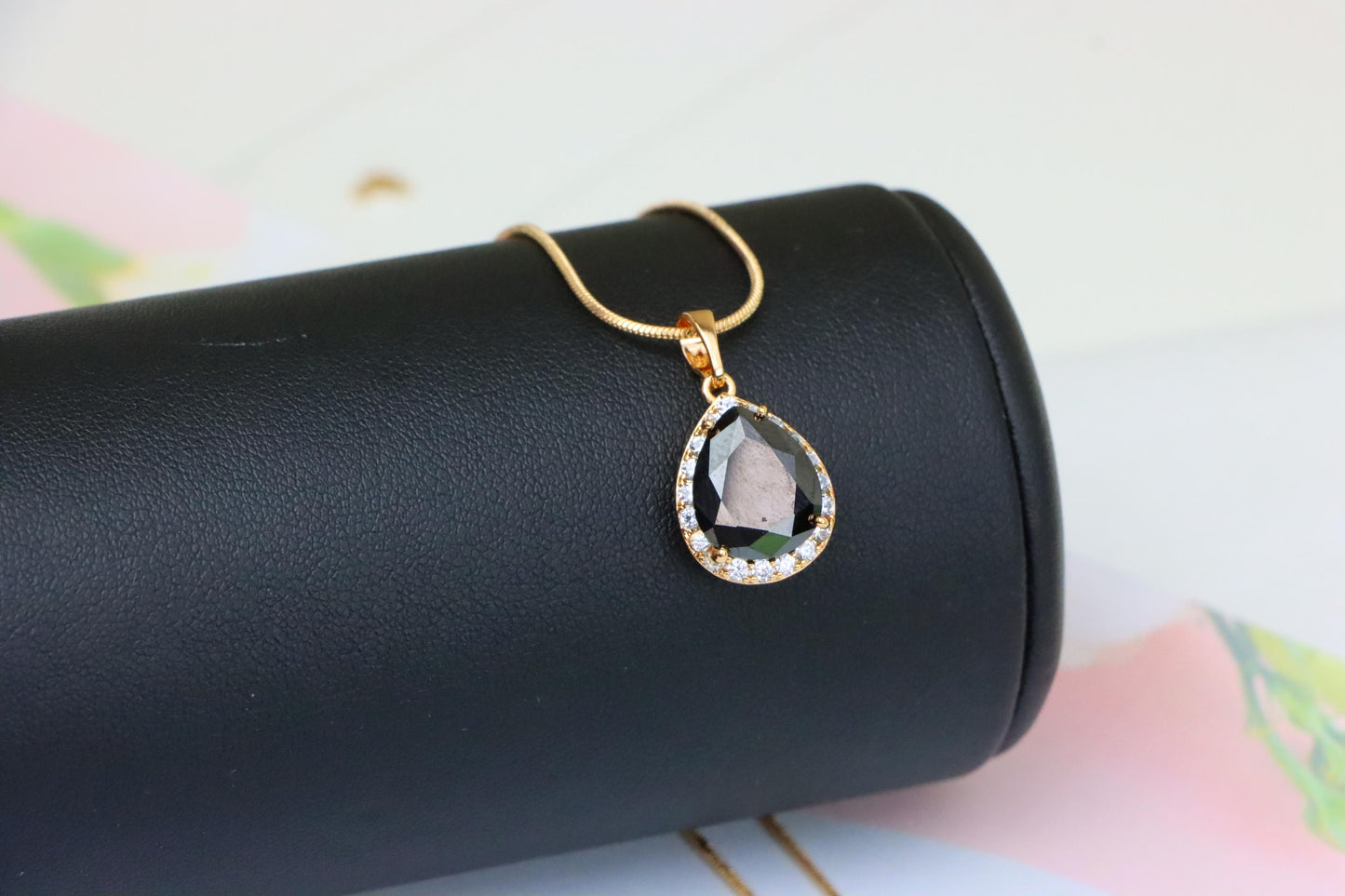 Teardrop Black Pendant with White Crystal Border in Rose Gold Finish, XPPT1614 (2148-6)