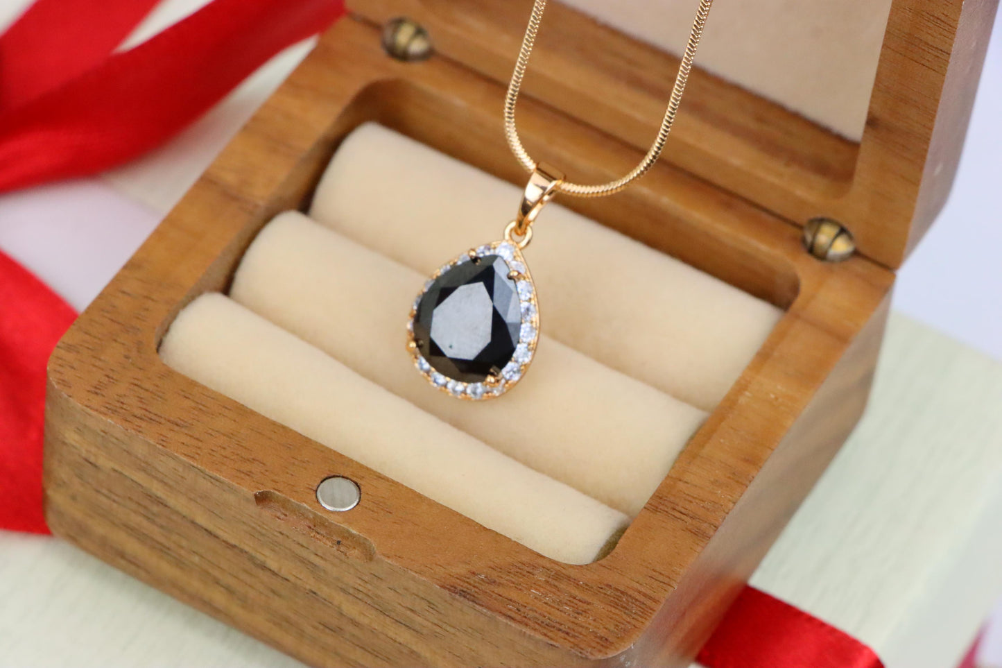 Teardrop Black Pendant with White Crystal Border in Rose Gold Finish, XPPT1614 (2148-6)