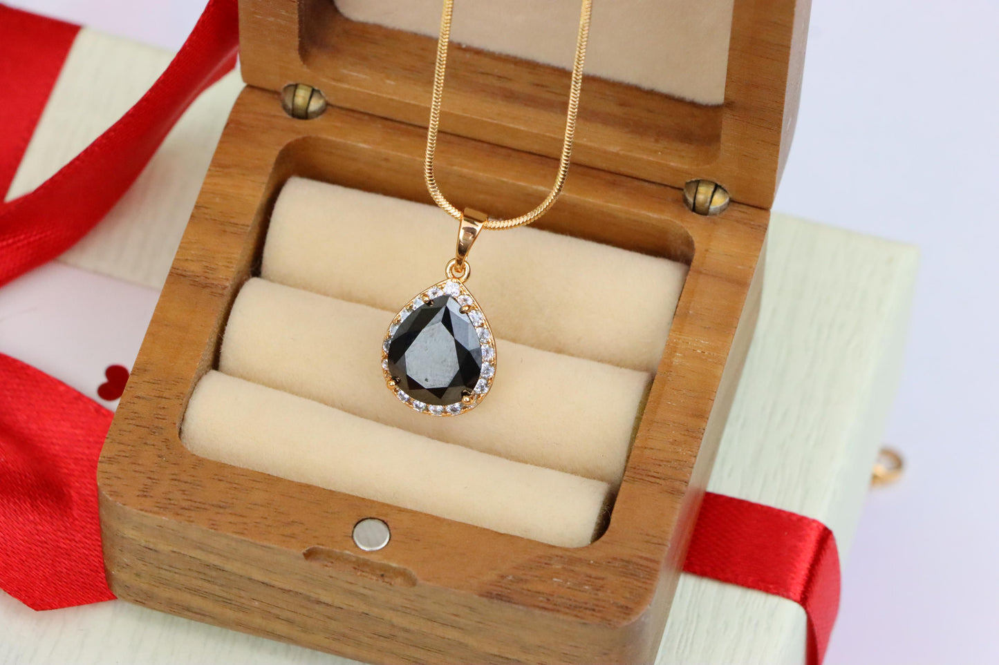 Teardrop Black Pendant with White Crystal Border in Rose Gold Finish, XPPT1614 (2148-6)